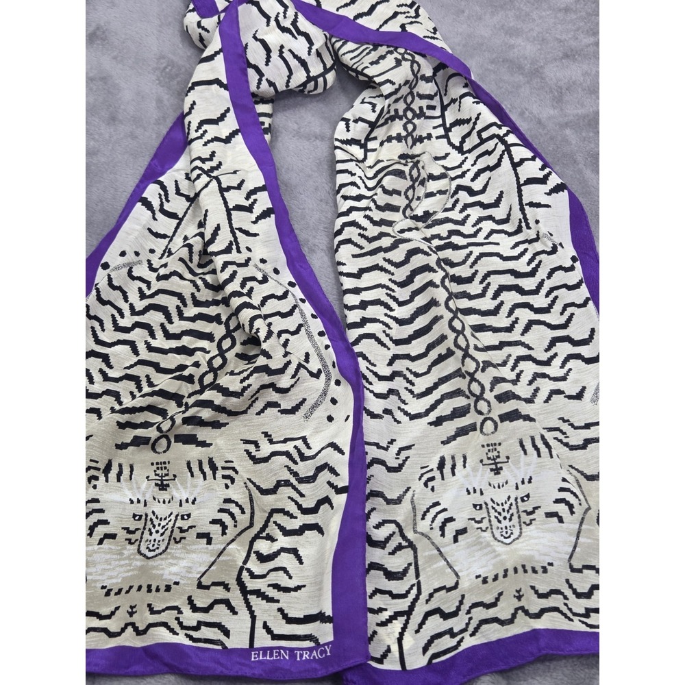 Linda Allard Ellen Tracy Silk Scarf Purple Outline White Tiger Rectangle 56"